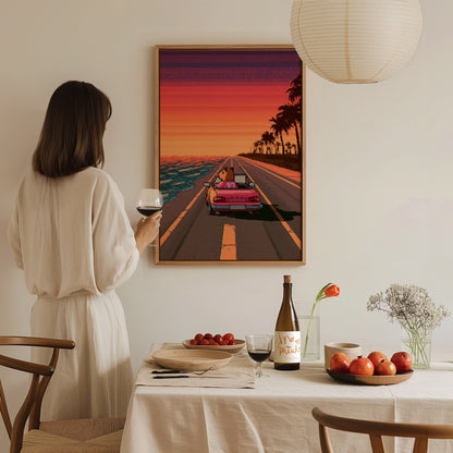 Capybara Drives Sunset Poster | Coral and Purple Pixel Art Print | Retro Gaming Wall Art — styled in an interior