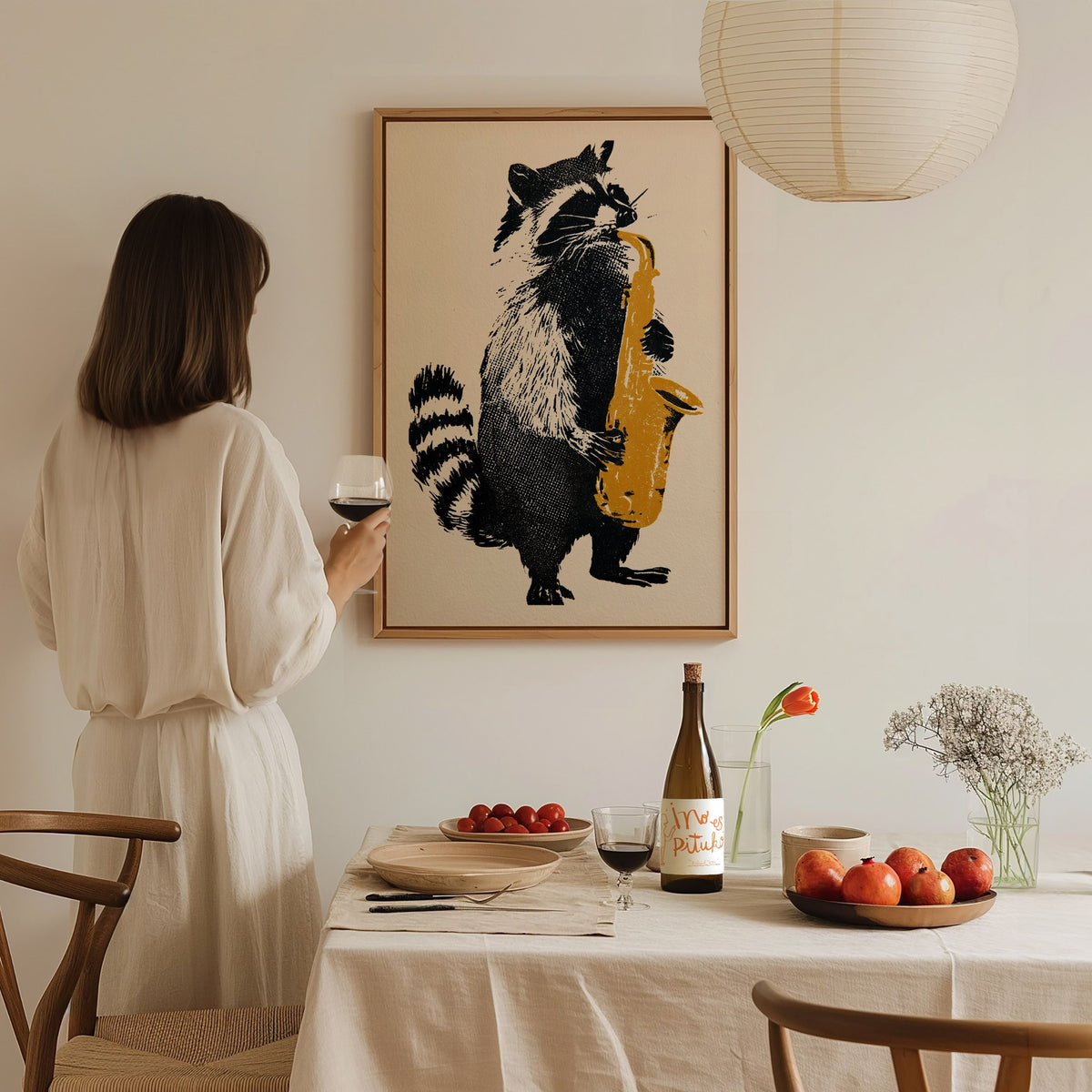 Raccoon Plays Saxophone Poster | Black and Yellow Screen Print Art Print | Music Lover Wall Art — styled in an interior