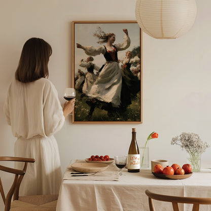 Woman Spins Summer Poster | Cream and Earth Oil Painting Art Print | Folk Art Wall Art — styled in an interior