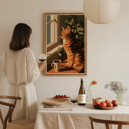 Cat Watches Morning Poster | Warm Ochre Illustrative Art Print | Cat Lover Wall Art — styled in an interior