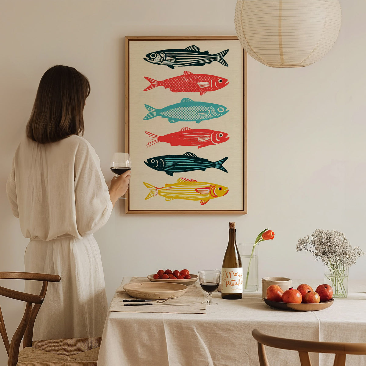 six-swimming-fish Poster | Teal and Coral Screen Print Art Print | Coastal Wall Art — styled in an interior