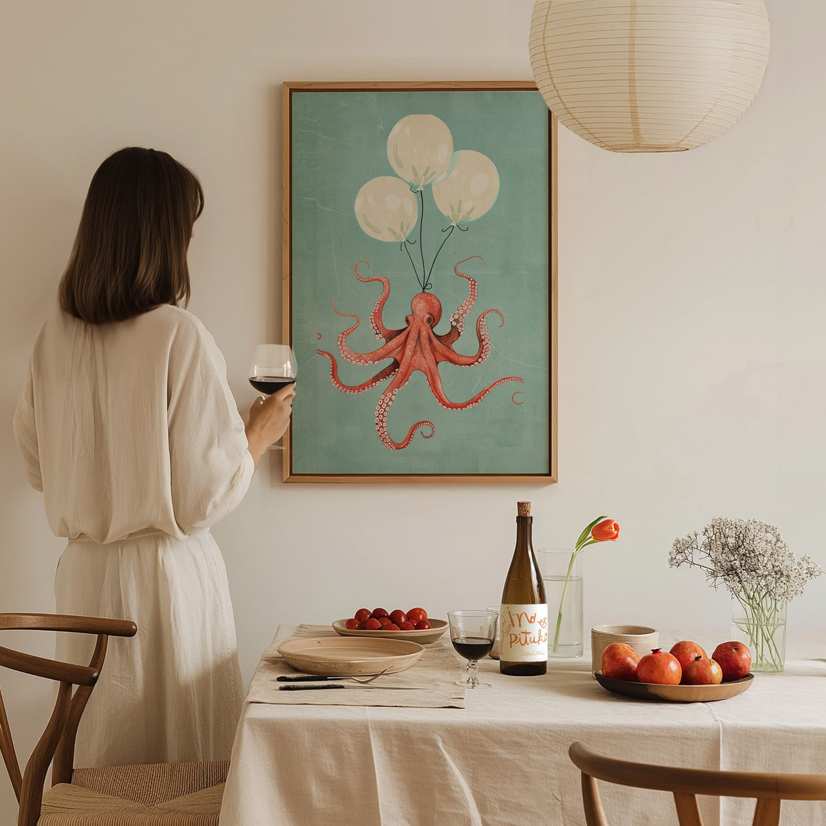 Balloon Octopus Poster | Coral and Teal Illustrative Art Print | Surrealist Wall Art — styled in an interior