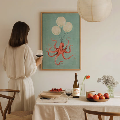 Balloon Octopus Poster | Coral and Teal Illustrative Art Print | Surrealist Wall Art — styled in an interior