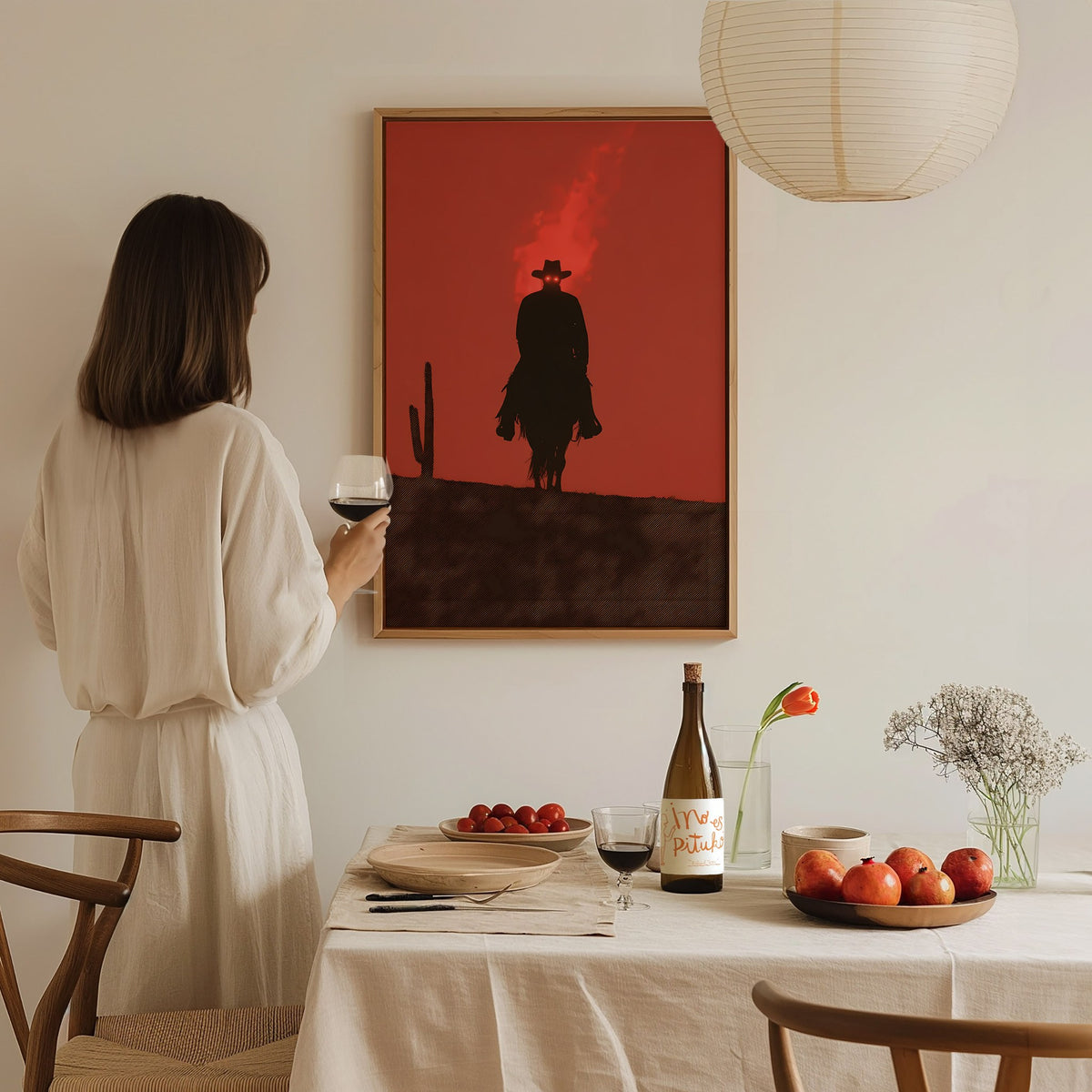 Burning Rider Poster | Coral and Slate Screen Print Art Print | Western Wall Art — styled in an interior