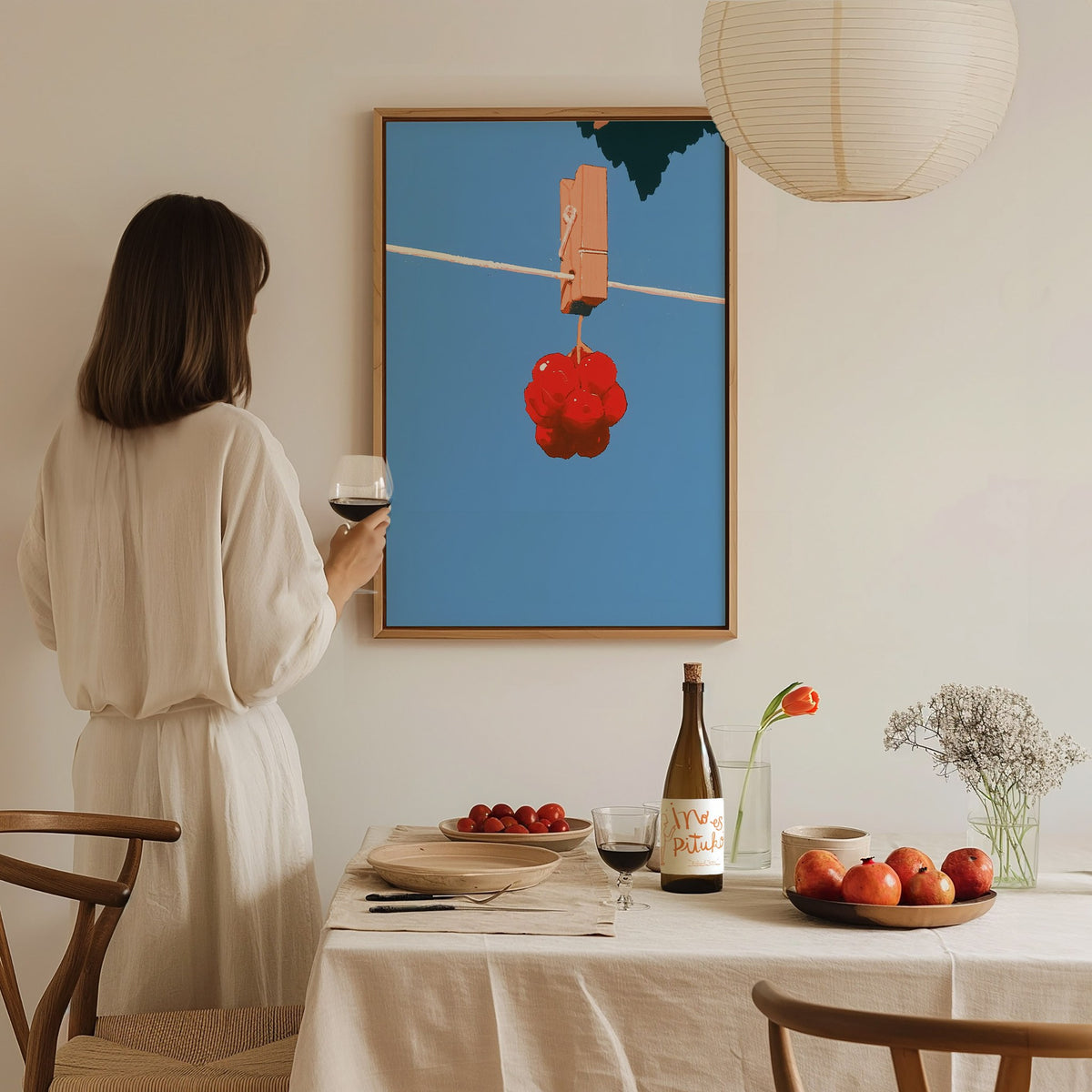Cherries Hang Drying Poster | Red and Blue Illustrative Art Print | Kitchen Wall Art — styled in an interior