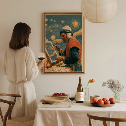Van Gogh Paints Stars Poster | Teal and Amber Illustrative Art Print | Art History Wall Art — styled in an interior
