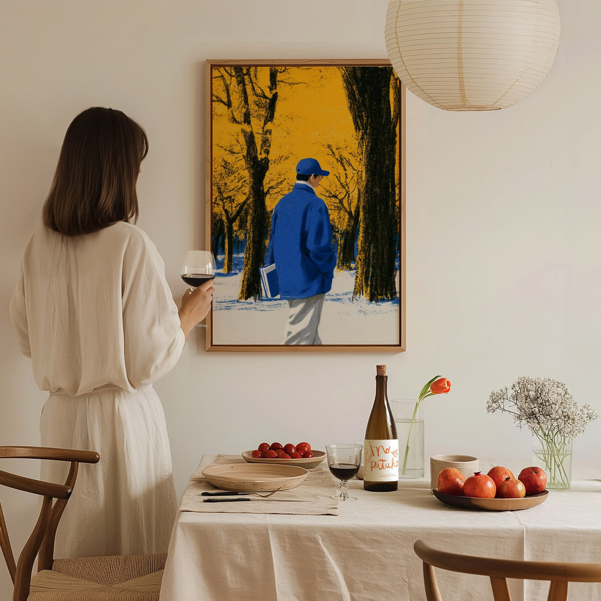 Reader Walks Blue Poster | Cobalt and Green Illustrative Art Print | Book Lovers Wall Art — styled in an interior