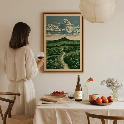 Moorland Cloud Tower Poster | Green and Cream Screen Print Art Print | Nature Lover Wall Art — styled in an interior