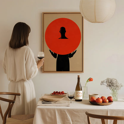 Figure Holding Geometry Poster | Coral and Black Minimalism Art Print | Minimalist Wall Art — styled in an interior