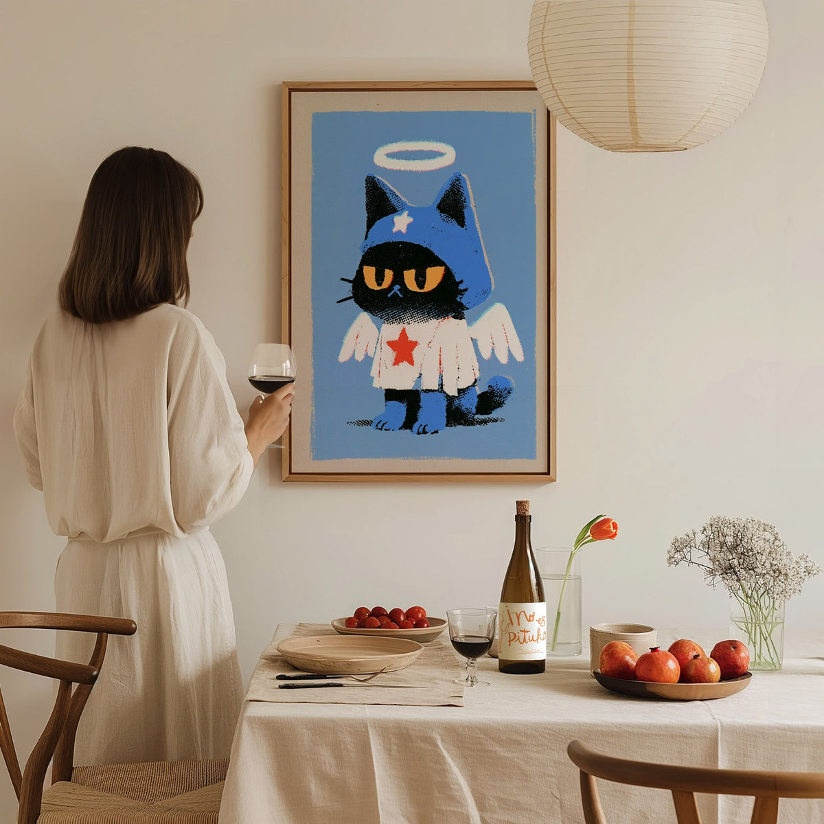 Angel Kitten Stands Poster | Blue and Orange Screen Print Art Print | Kids Room Wall Art — styled in an interior