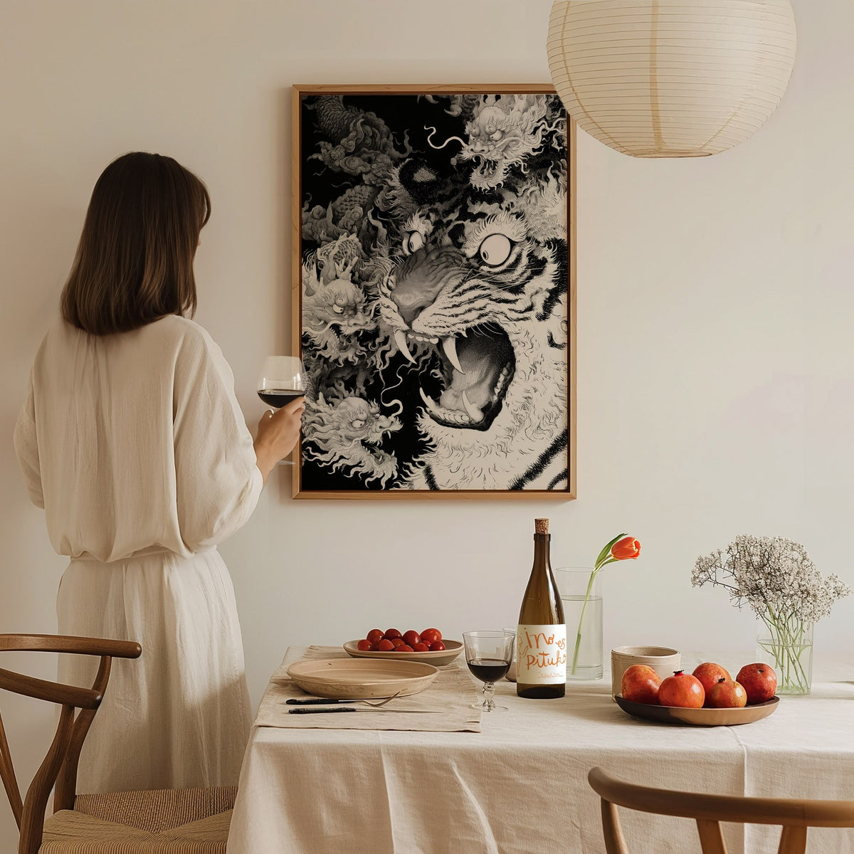 Tiger Plays Dragons Poster | Cream and Black Pen and Ink Art Print | Dark Fantasy Wall Art — styled in an interior