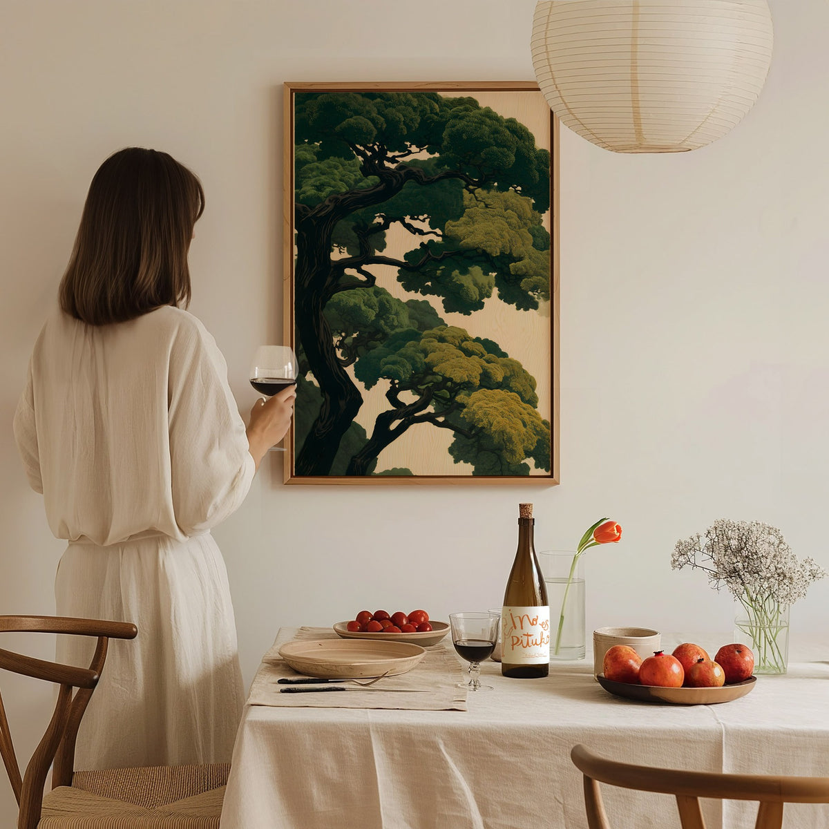 Under the Pines Poster | Forest Green Japanese Woodblock Art Print | Nature Lovers Wall Art — styled in an interior