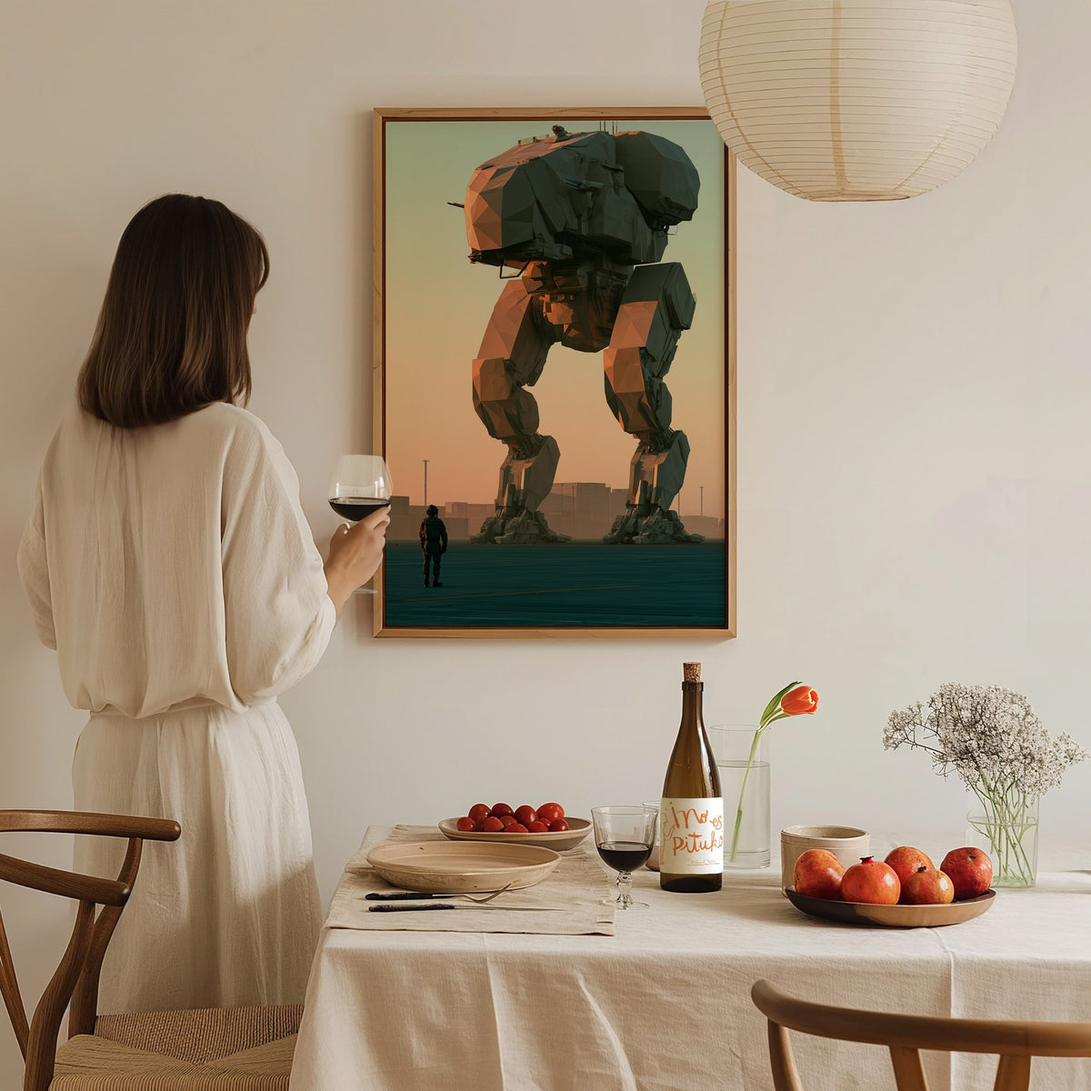 Mech Waits Dawn Poster | Teal and Orange Low Poly Art Print | Sci-Fi Wall Art — styled in an interior