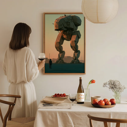 Mech Waits Dawn Poster | Teal and Orange Low Poly Art Print | Sci-Fi Wall Art — styled in an interior