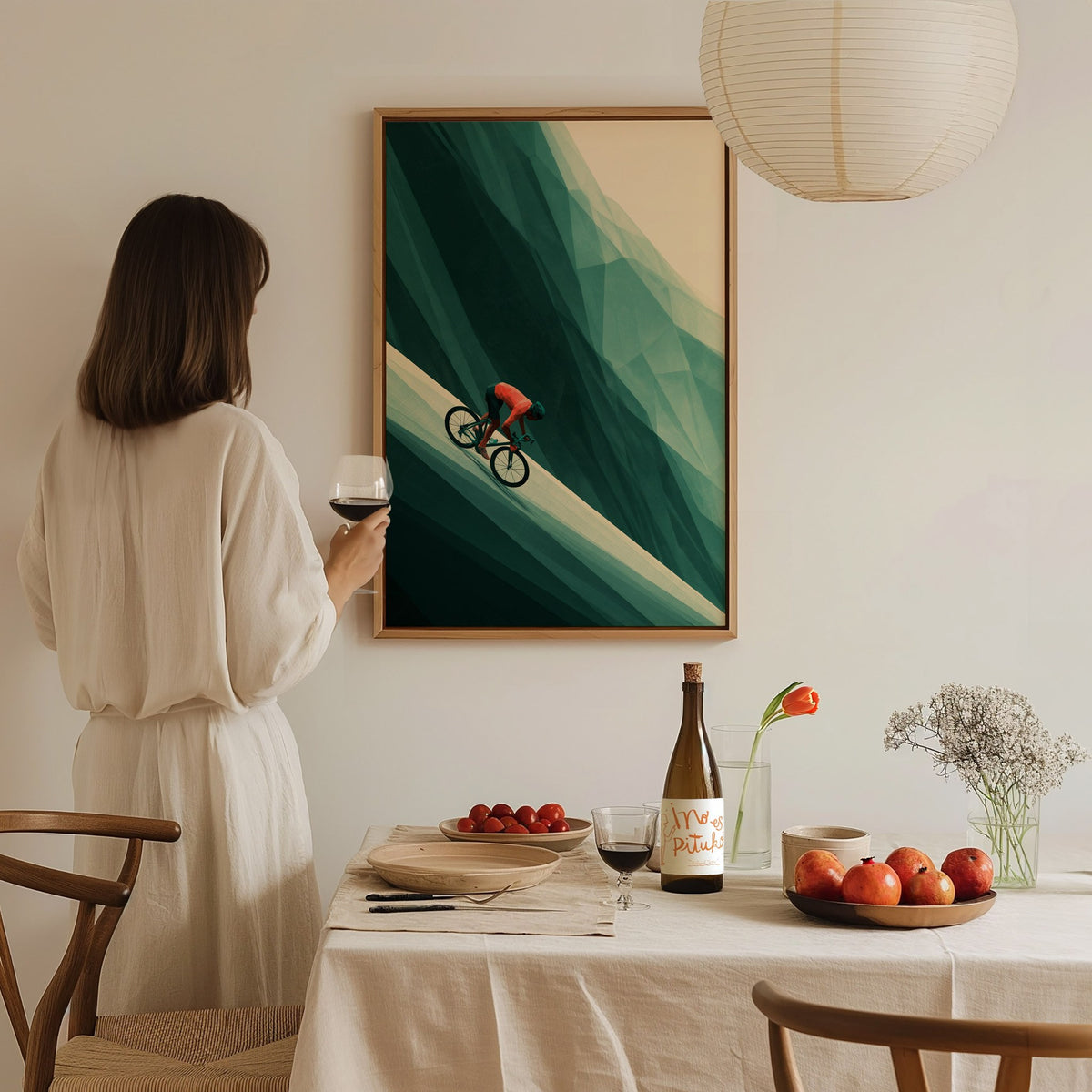 Cyclist Claims Hill Poster | Coral and Forest Low Poly Art Print | Cycling Wall Art — styled in an interior