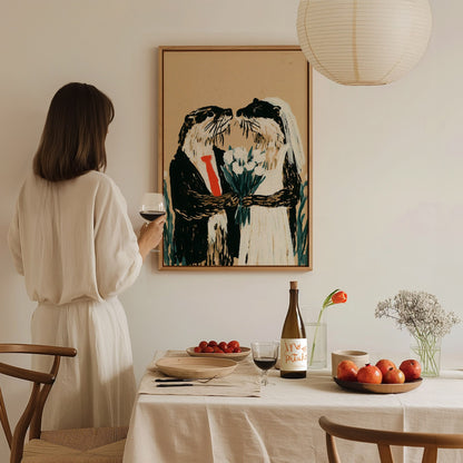 Otter Wedding Poster | Kraft and Green Illustrative Art Print | Wedding Gift Wall Art — styled in an interior