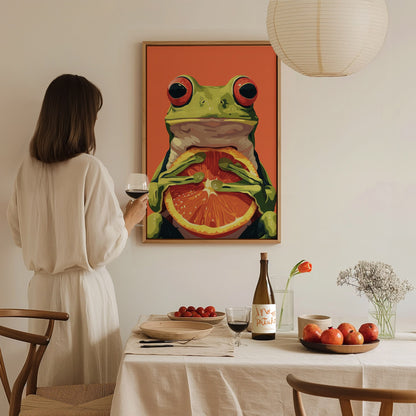 Frog with Orange Poster | Red and Green Flat Design Art Print | Kids Room Wall Art — styled in an interior