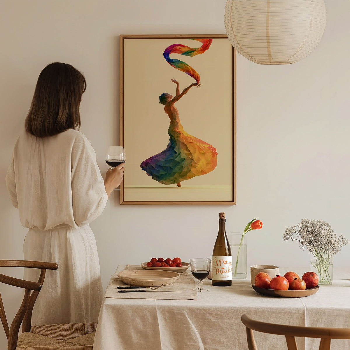 Dancer Unfurls Rainbow Poster | Rainbow Jewel Tones Low Poly Art Print | Modern Minimalist Wall Art — styled in an interior