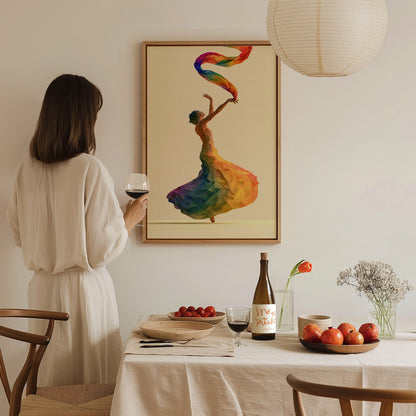Dancer Unfurls Rainbow Poster | Rainbow Jewel Tones Low Poly Art Print | Modern Minimalist Wall Art — styled in an interior