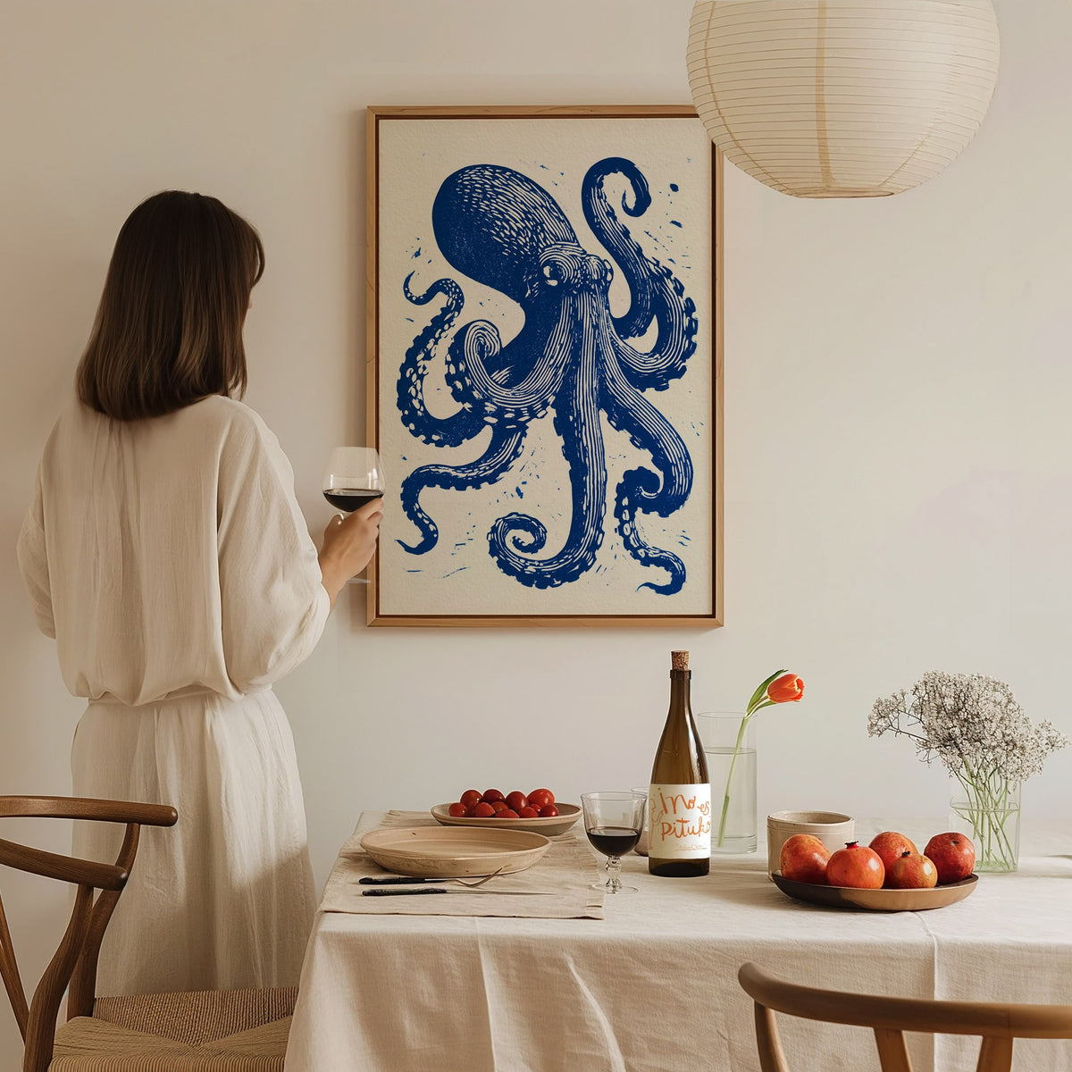 Octopus Unfurls Poster | Cobalt Blue Screen Print Art Print | Coastal Wall Art — styled in an interior