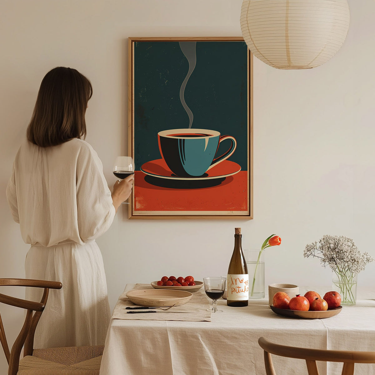 Cup and Saucer Poster | Cobalt and Coral Flat Design Art Print | Kitchen Wall Art — styled in an interior