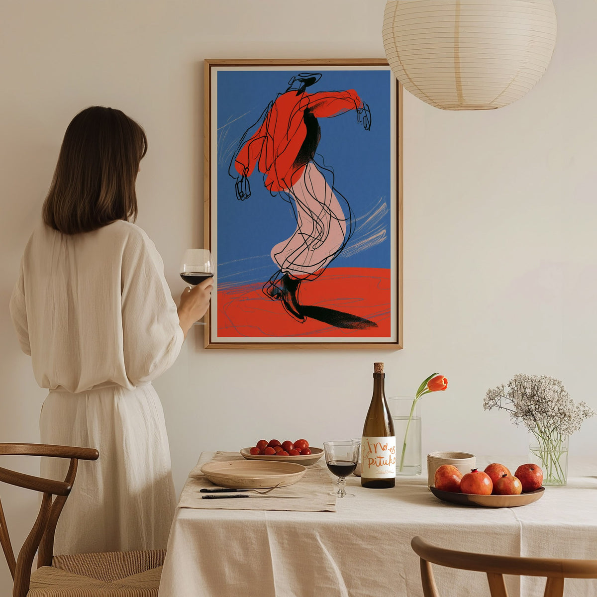 Dancer Kicks Blue Poster | Blue and Red Illustrative Art Print | Dance Wall Art — styled in an interior