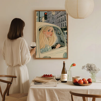 Girl Waits Red Poster | Cream and Sage Illustrative Art Print | Romantic Vintage Wall Art — styled in an interior