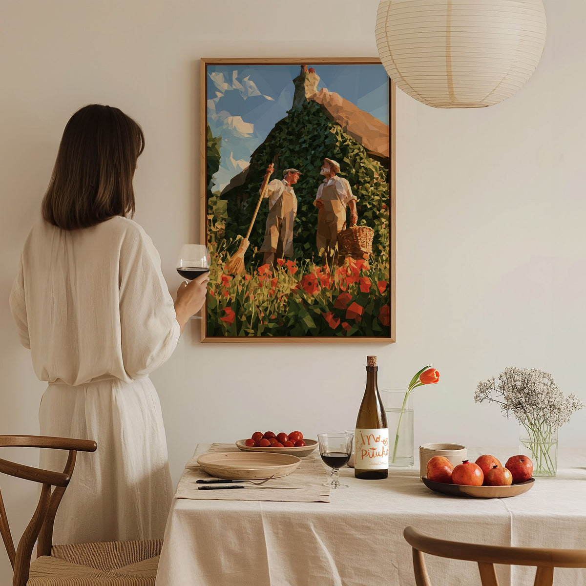 Gardeners Compare Notes Poster | Cream and Poppy Low Poly Art Print | Cottagecore Wall Art — styled in an interior