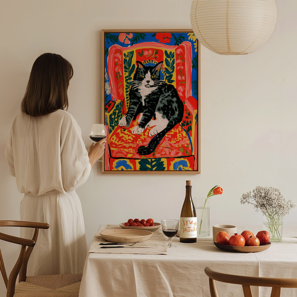 Cat Claims Chair Poster | Cobalt and Red Matisse Style Art Print | Cat Lover Wall Art — styled in an interior