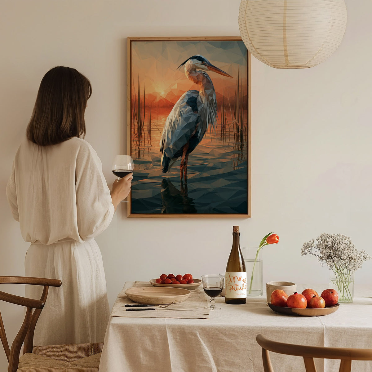Heron Guards Dusk Poster | Slate and Burnt Low Poly Art Print | Minimalist Wall Art — styled in an interior