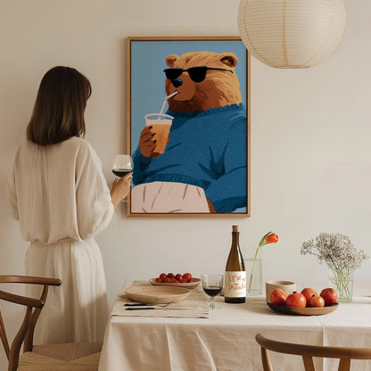 Cool Bear Sips Poster | Pastel Blue Illustrative Art Print | Kids Room Wall Art — styled in an interior