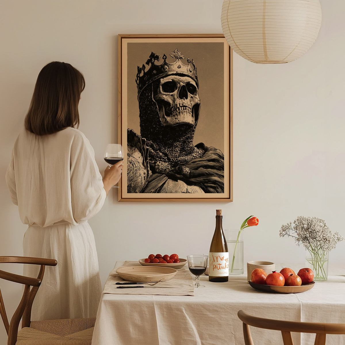 Dead King Reigns Poster | Red and Sepia Pen and Ink Art Print | Dark Fantasy Wall Art — styled in an interior