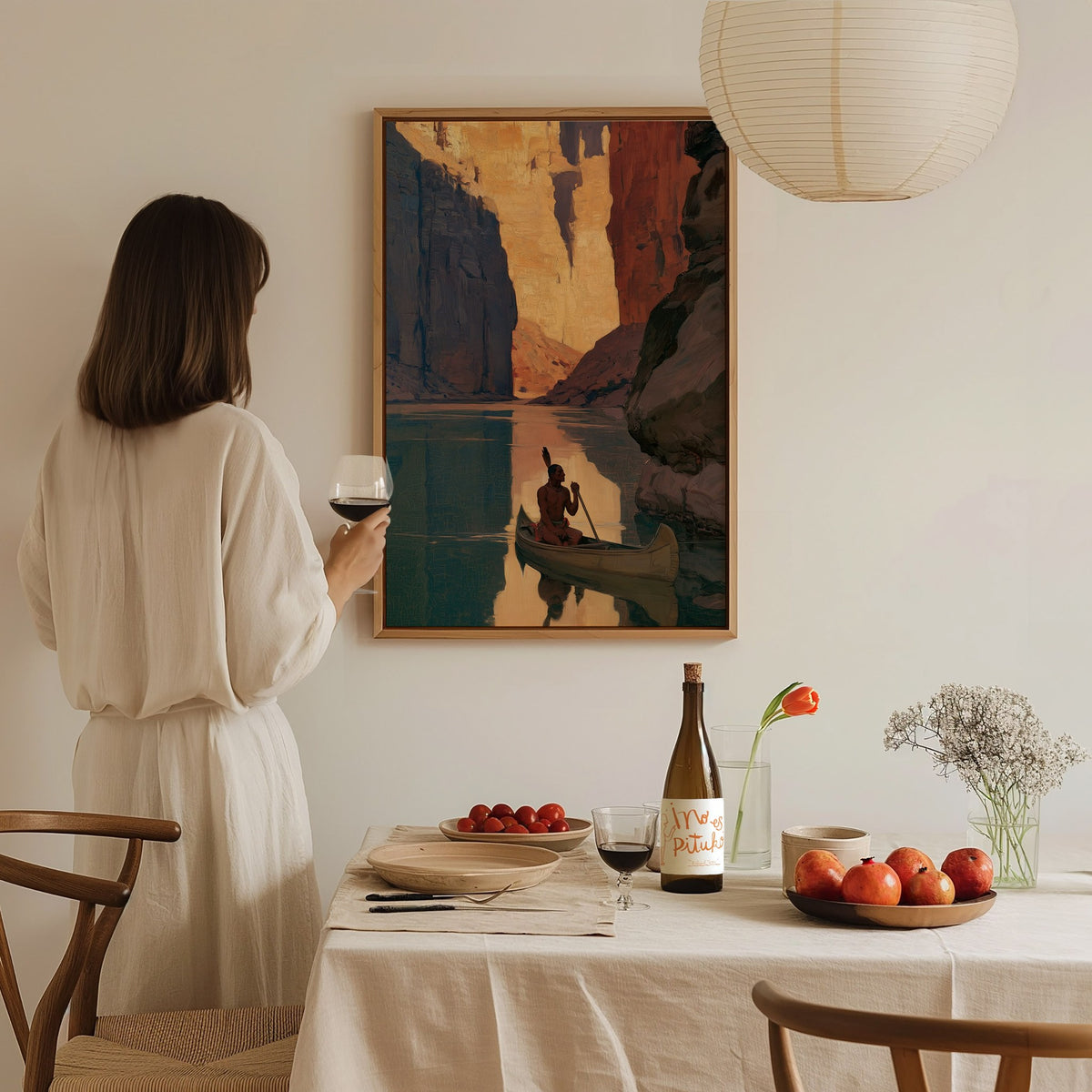 canoe-in-canyon-light Poster | Amber and Shadow Oil Painting Art Print | Adventure Wall Art — styled in an interior