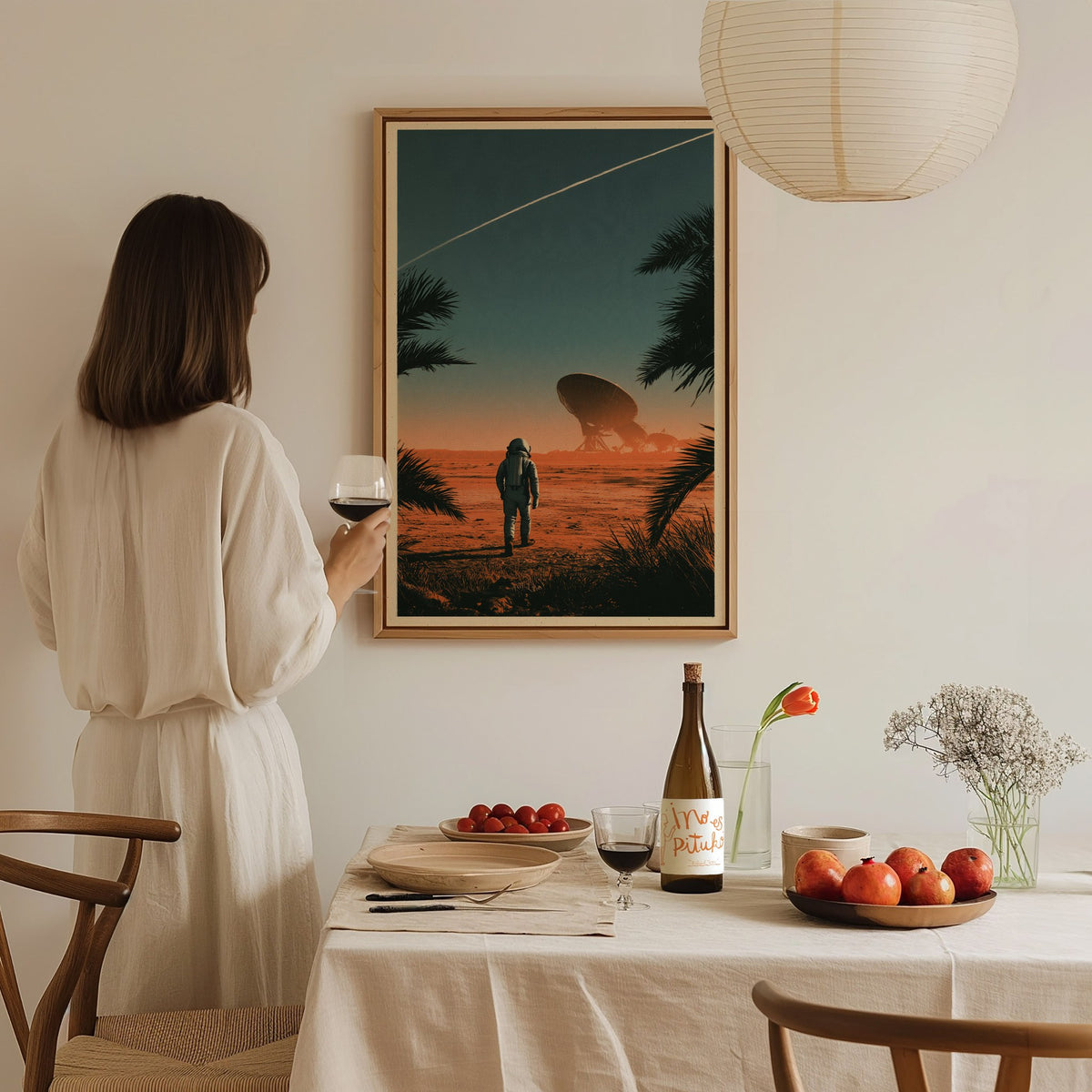 Astronaut Walks Shore Poster | Turquoise and Coral Screen Print Art Print | Sci-Fi Wall Art — styled in an interior