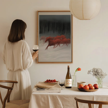 Red Horses Run Poster | Red and Black Watercolor Art Print | Dark Fantasy Wall Art — styled in an interior