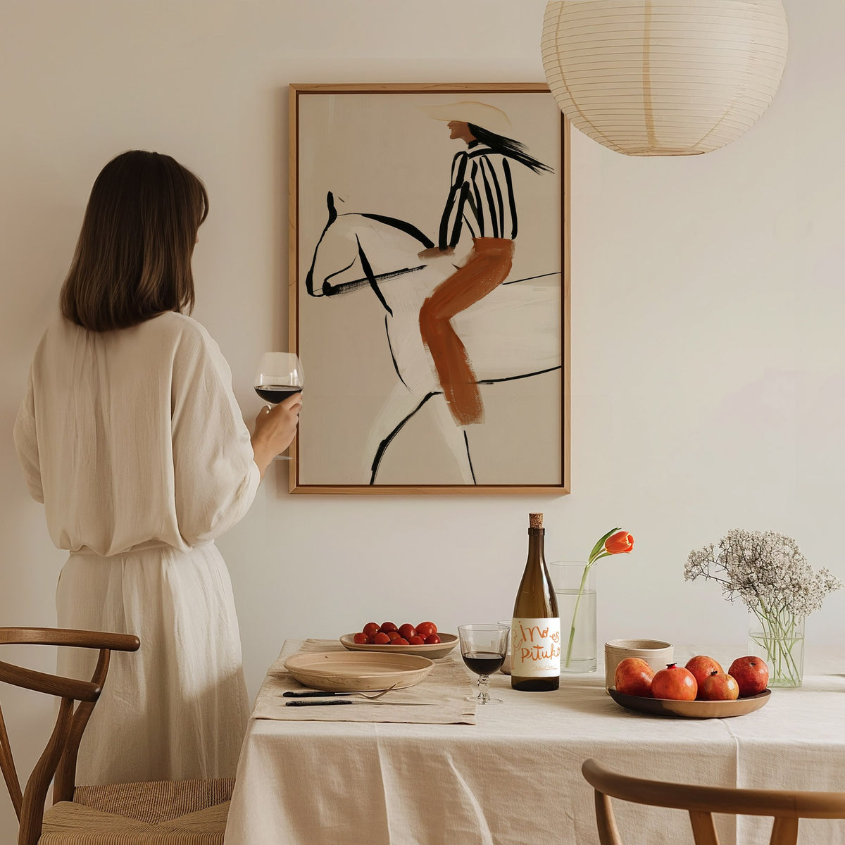 Rider Turns West Poster | Rust and Cream Illustrative Art Print | Western Wall Art — styled in an interior