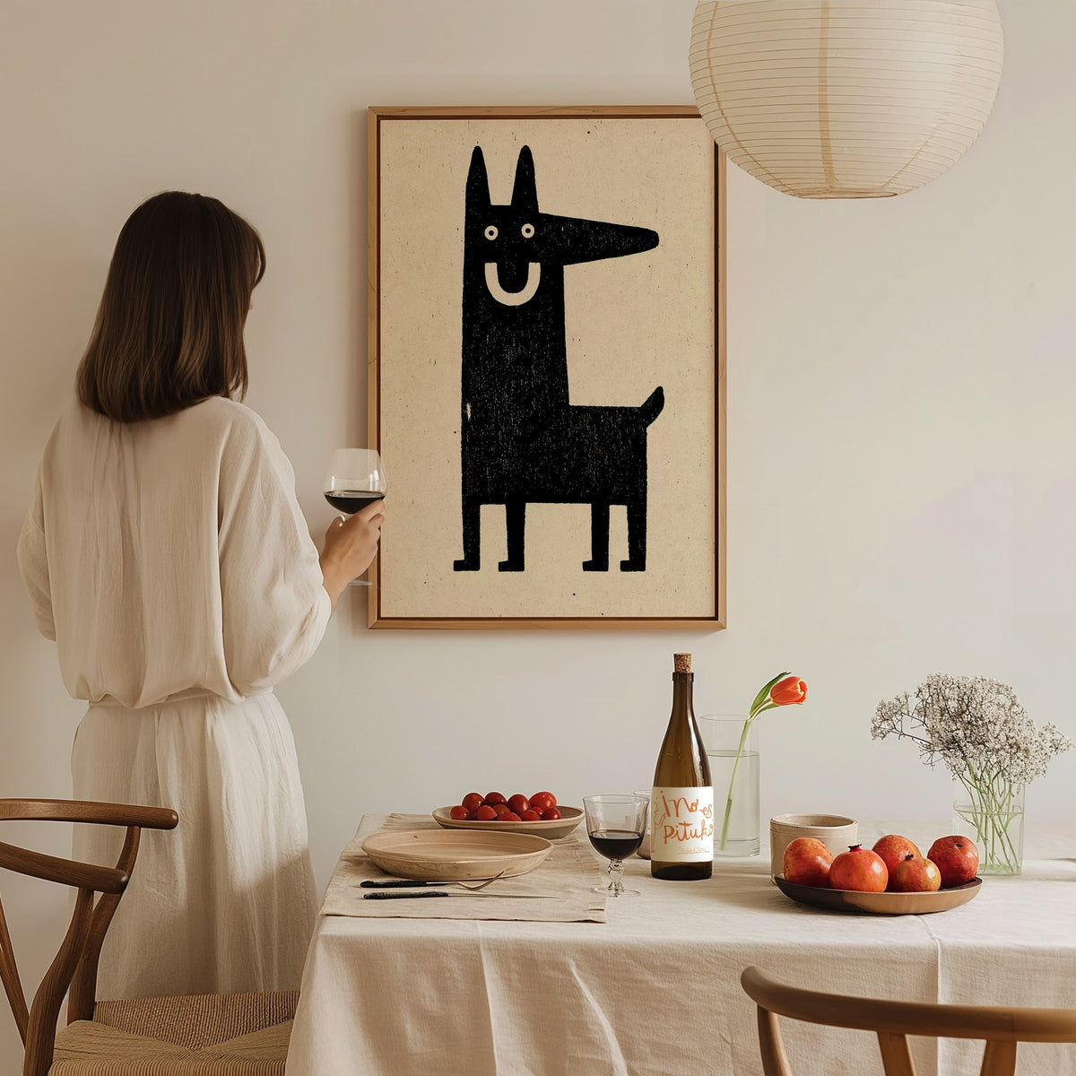 Grinning Dog Poster | Black and Cream Screen Print Art Print | Folk Art Wall Art — styled in an interior