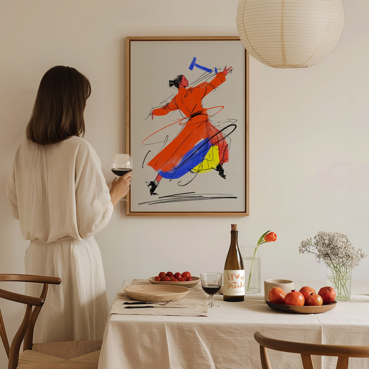 Dancer Breaks Free Poster | Pink and Orange Illustrative Art Print | Dance Studio Wall Art — styled in an interior