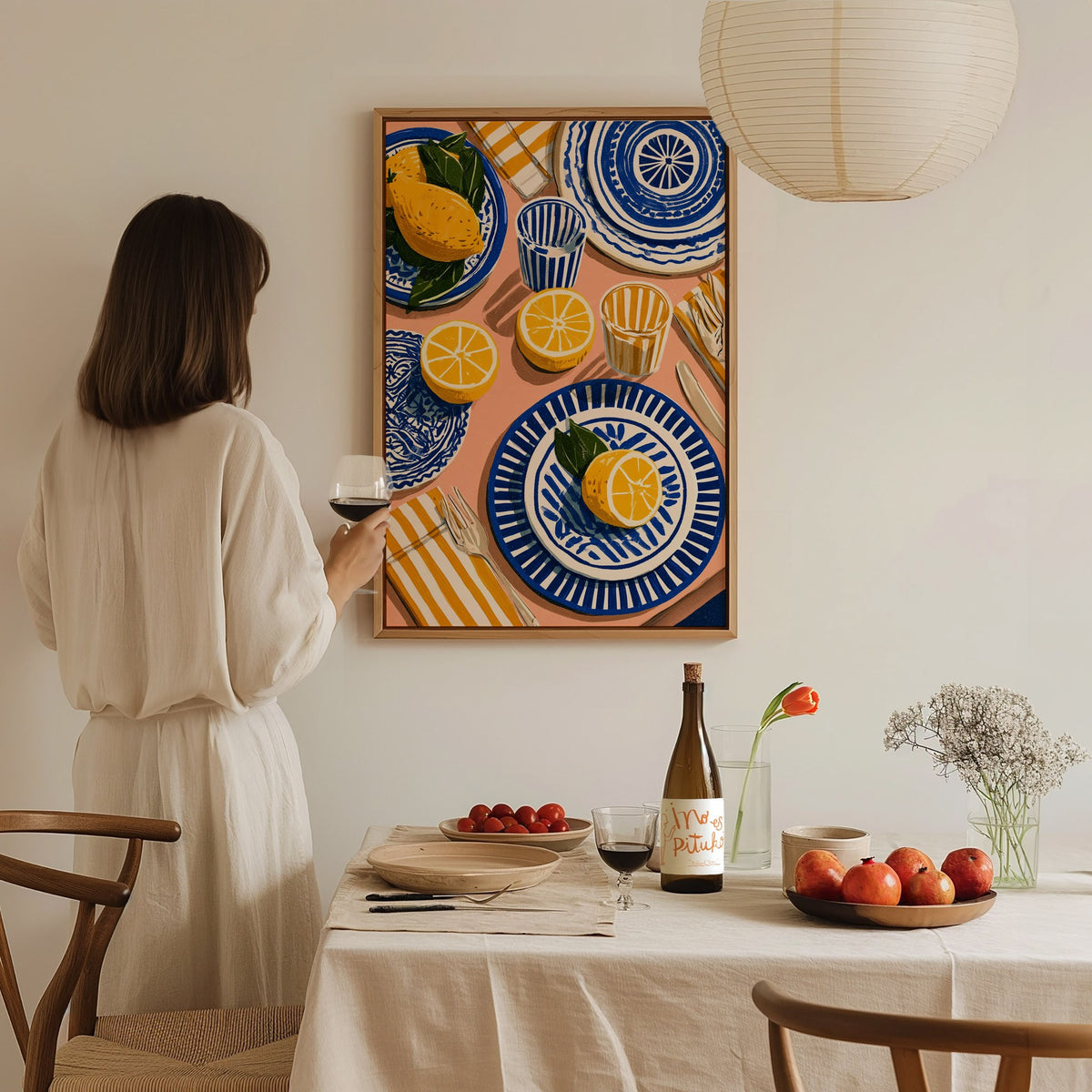 Lemon Table Poster | Cobalt and Ochre Illustrative Art Print | Kitchen Wall Art — styled in an interior