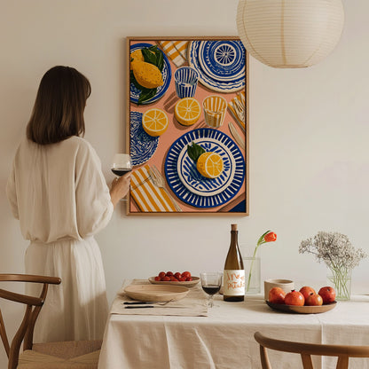 Lemon Table Poster | Cobalt and Ochre Illustrative Art Print | Kitchen Wall Art — styled in an interior