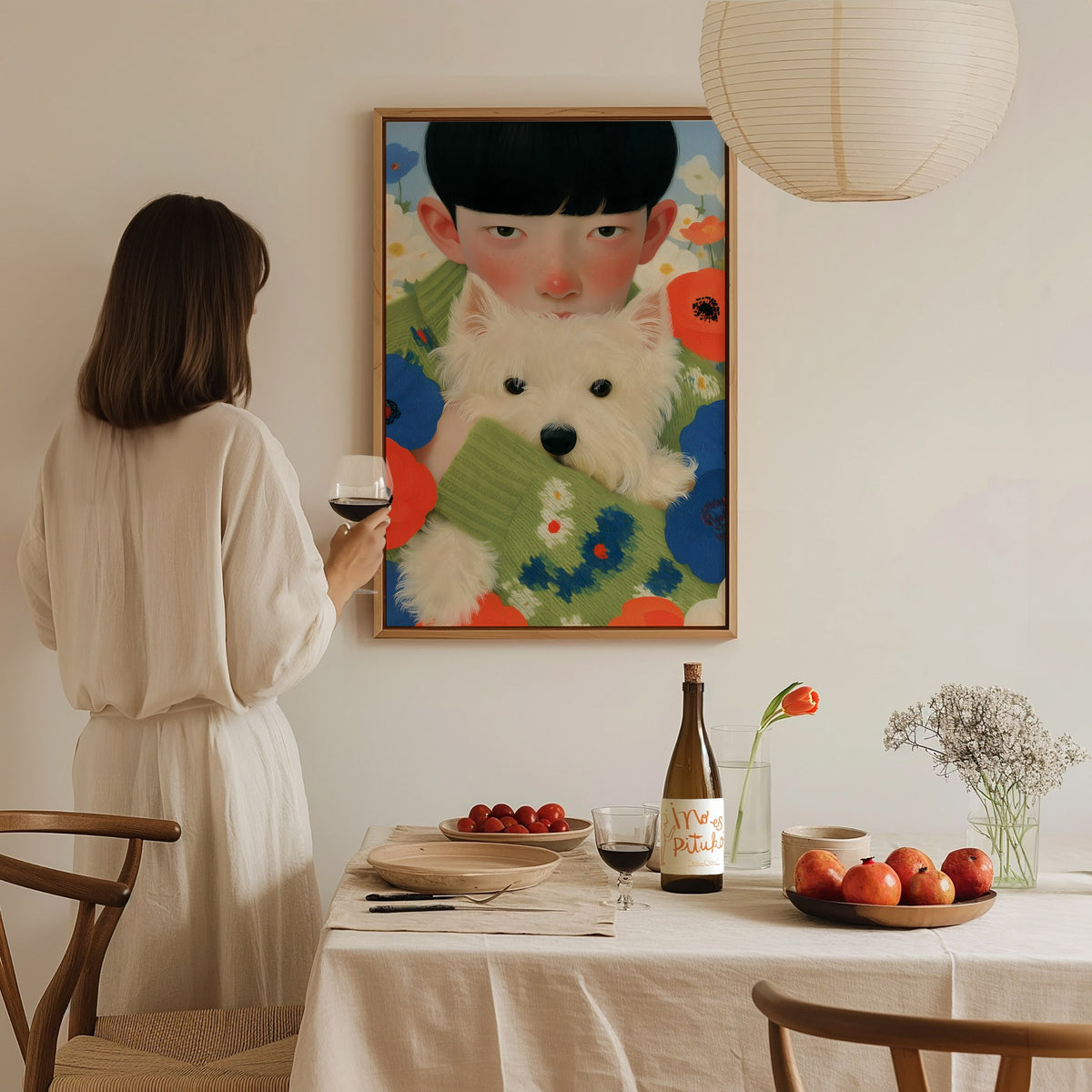 Boy With Westie Poster | Blue and Green Illustrative Art Print | Contemporary Wall Art — styled in an interior