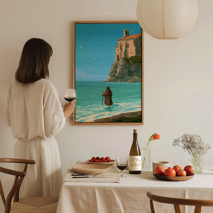 Pilgrim Touches Shore Poster | Turquoise and Earth Pixel Art Print | Retro Gaming Wall Art — styled in an interior