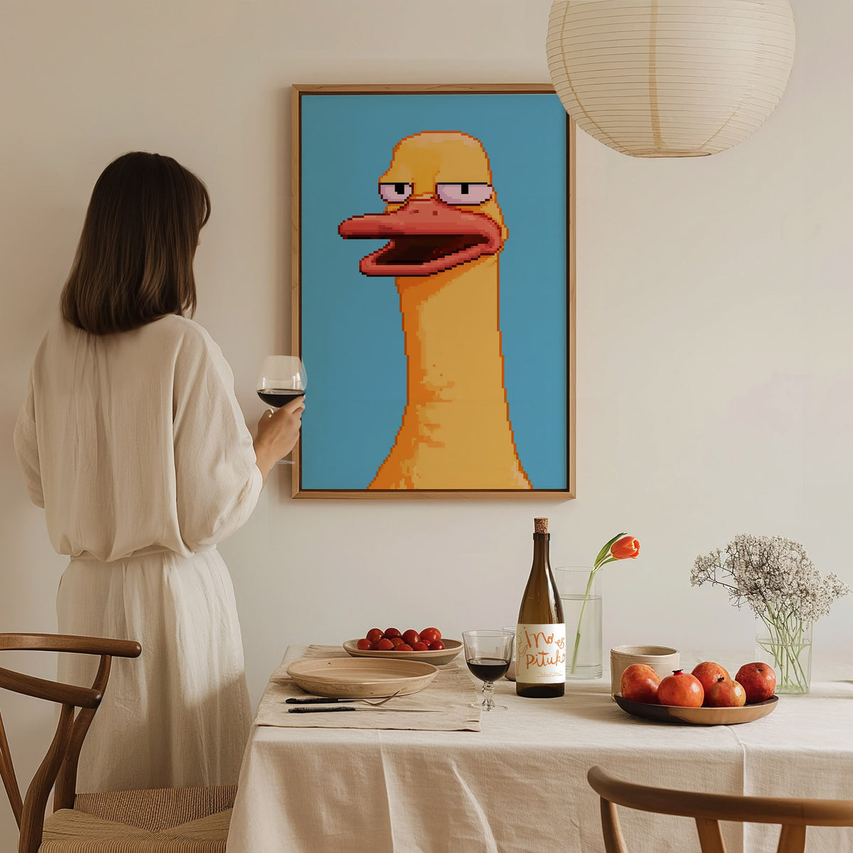 Tired Duck Portrait Poster | Pink and Yellow Pixel Art Print | Gaming Wall Art — styled in an interior