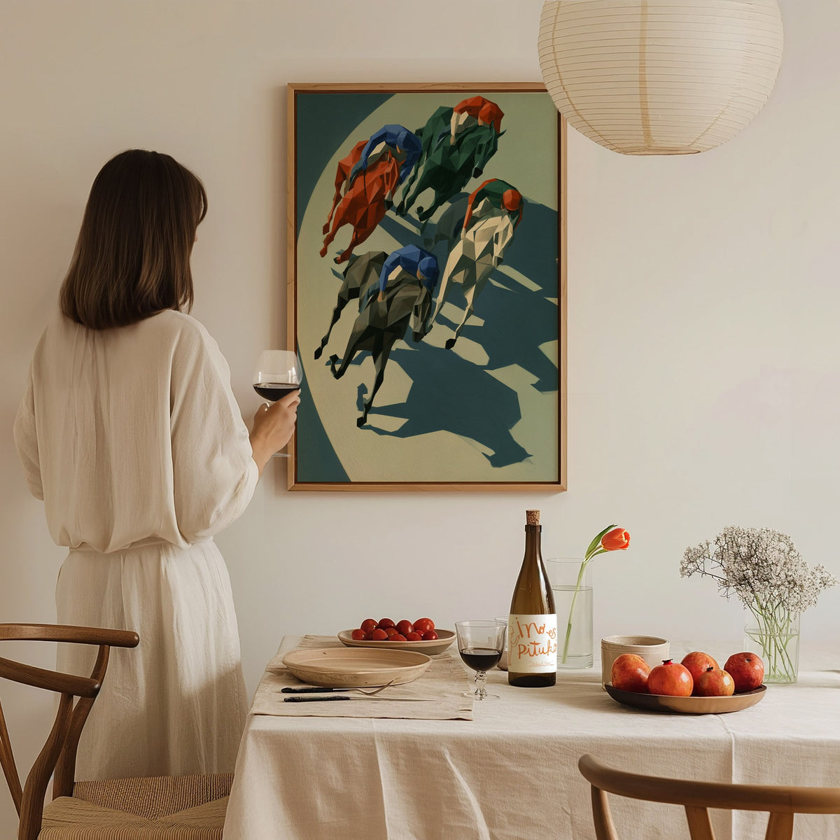 Jockeys Take the Turn Poster | Cobalt and Rust Low Poly Art Print | Modern Sports Wall Art — styled in an interior