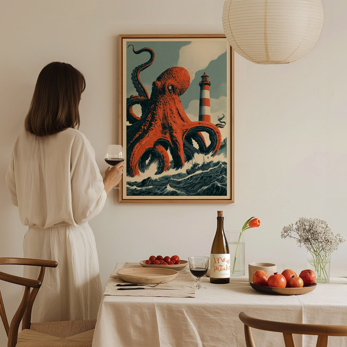 Octopus Finds Paradise Poster | Pink and Blue Screen Print Art Print | Retro Futurism Wall Art — styled in an interior