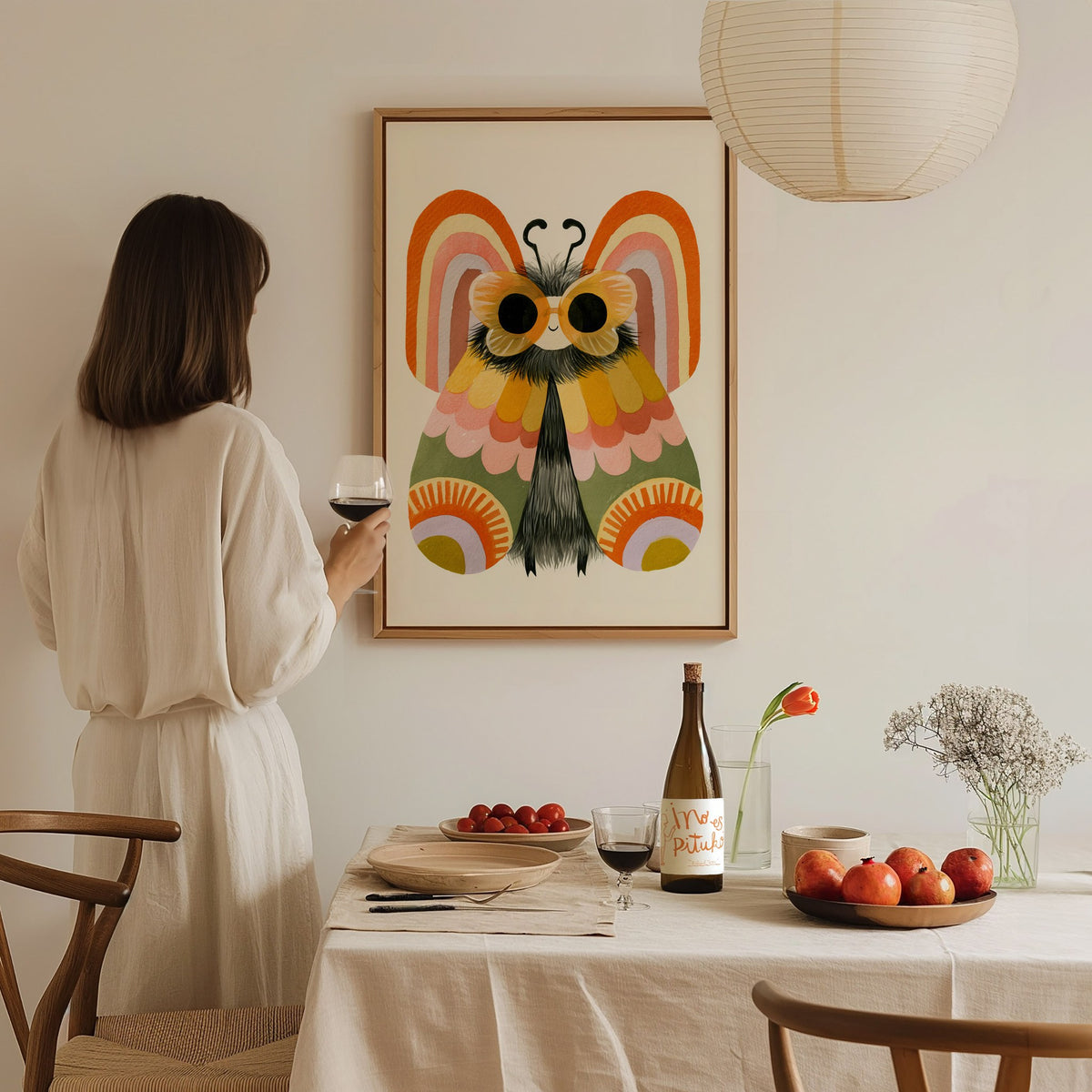 Moth Owns Rainbows Poster | Orange and Pink Illustrative Art Print | Kids Room Wall Art — styled in an interior