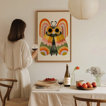Moth Owns Rainbows Poster | Orange and Pink Illustrative Art Print | Kids Room Wall Art — styled in an interior