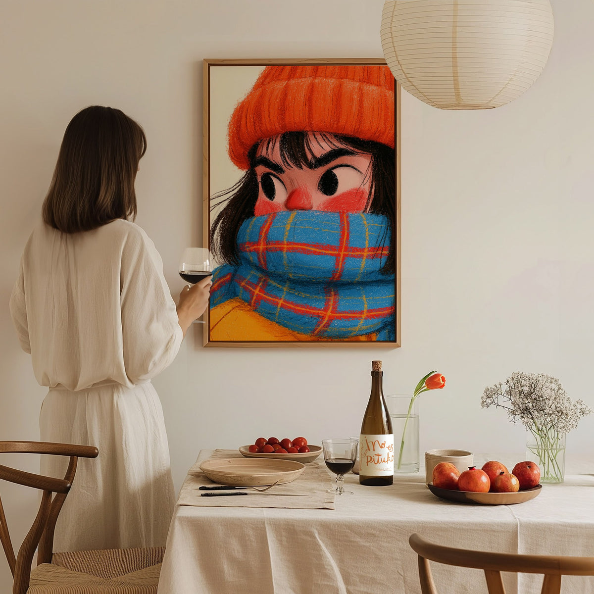 Girl Bundles Up Poster | Orange and Blue Illustrative Art Print | Kids Room Wall Art — styled in an interior