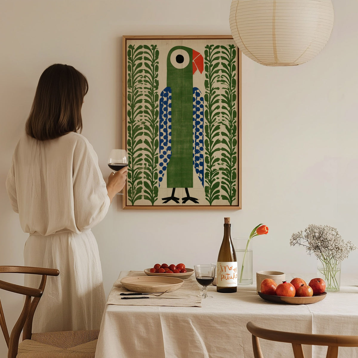 parrot-in-green Poster | Emerald and Jade Flat Design Art Print | Modern Minimal Wall Art — styled in an interior
