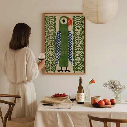 parrot-in-green Poster | Emerald and Jade Flat Design Art Print | Modern Minimal Wall Art — styled in an interior